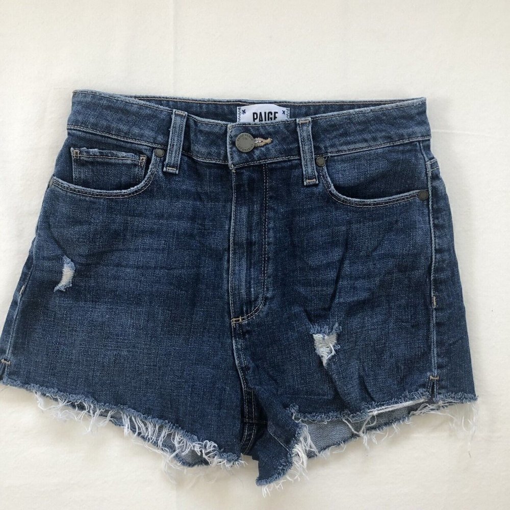 PAIGE Dark Blue Distressed Denim Jean Shorts